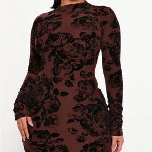 Fashion Nova Brown Floral Long Sleeve Dress